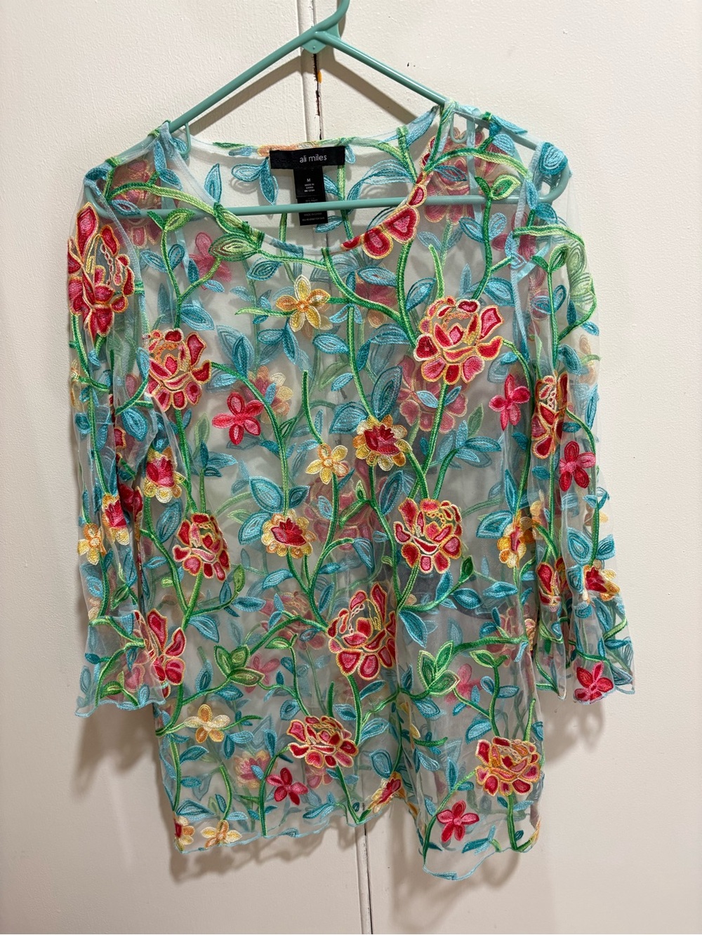 Ali miles teal embroidered floral bell sleeves blouse